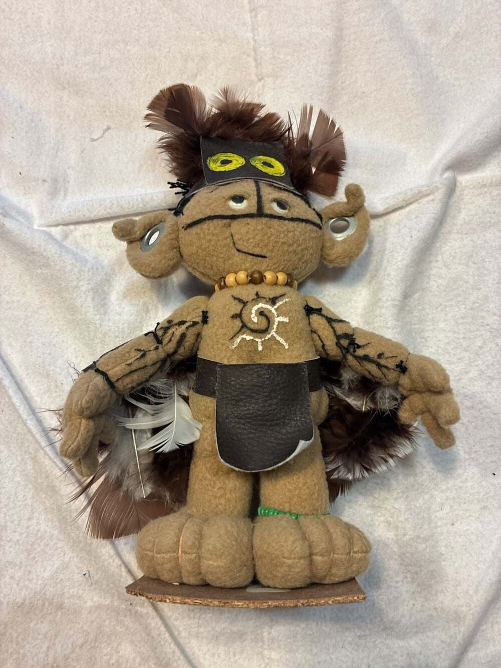 Handmade Felt Tribal Warrior Doll with Feathers and Beads